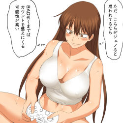 Rule 34 | 00s, 1girl, a1 (initial-g), breasts, brown eyes, brown hair, cleavage, covered erect nipples, game console, huge breasts, long hair, momoe maria, ookiku furikabutte, playing games, solo, sports bra, sweat, tank top, translation request, video game, xbox, xbox 360