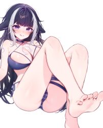 Rule 34 | 1girl, animal ears, ass, bare arms, bare legs, bare shoulders, barefoot, bikini, black hair, blue bikini, blue eyes, blush, body markings, commentary, english commentary, facial mark, feet, foot focus, foreshortening, gluteal fold, highres, indie virtual youtuber, knees up, long hair, miyuchiq, multicolored hair, official alternate costume, orca girl, presenting foot, shylily, shylily (bikini), side-tie bikini bottom, simple background, sitting, soles, solo, streaked hair, swimsuit, thighs, toes, virtual youtuber, white background, white hair