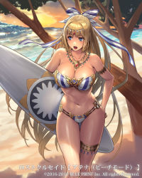 Rule 34 | 1girl, 2016, 2017, armlet, bare shoulders, beach, bikini, blonde hair, blue eyes, breasts, circlet, cleavage, commentary request, copyright notice, cuboon, dusk, feathers, female focus, holding, holding behind back, jewelry, large breasts, long hair, lost crusade, navel, necklace, ocean, official art, open mouth, original, ribbon, sand, sidelocks, solo, standing, strapless, strapless bikini, striped bikini, striped clothes, striped ribbon, sun, sunset, surfboard, swimsuit, thigh strap, tree, very long hair, water, waves