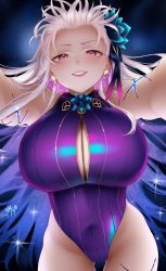 Rule 34 | 1girl, bare shoulders, blue hair, blue one-piece swimsuit, blush, body markings, bracelet, breasts, bursting breasts, cleavage, covered navel, earrings, fate/grand order, fate (series), flower, grin, hair flower, hair ornament, hair ribbon, highleg, highleg swimsuit, highres, jewelry, kama (fate), kama (swimsuit avenger) (fate), kama (swimsuit avenger) (third ascension) (fate), large breasts, long hair, looking at viewer, lotus, multicolored hair, one-piece swimsuit, red eyes, ribbon, silver hair, smile, solo, star (symbol), star earrings, swimsuit, thighs, two-tone hair, zasshu
