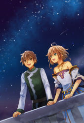 Rule 34 | 1boy, 1girl, brown eyes, brown hair, detached sleeves, dress, feng you, flat chest, green eyes, holding hands, hetero, open mouth, outdoors, sakura hime, short hair, sky, star (sky), starry sky, strapless, strapless dress, tsubasa chronicle, xiaolang