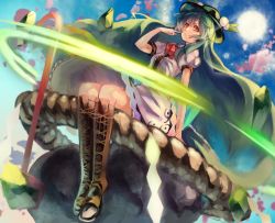 Rule 34 | 1girl, boots, bow, cross-laced footwear, dress, female focus, finger to face, food, fruit, hat, highres, hinanawi tenshi, knee boots, long hair, looking at viewer, peach, pisoshi, puffy sleeves, red eyes, rock, rope, shimenawa, short sleeves, sitting, sitting on rock, smile, solo, touhou, very long hair, white dress