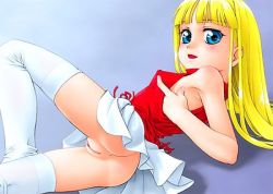 Rule 34 | 1girl, artist request, ass, blonde hair, blue eyes, covered erect nipples, looking at viewer, looking back, lowres, open mouth, pussy, skirt, solo, thighhighs, uncensored