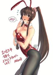 Rule 34 | 1girl, 2023, animal ears, black pantyhose, blush, bow, bowtie, breasts, brown eyes, brown hair, chinese zodiac, cleavage, cowboy shot, detached collar, embarrassed, female focus, flower, hair flower, hair ornament, happy new year, highleg, highleg leotard, highres, japanese text, kantai collection, large breasts, leotard, long hair, looking at viewer, mrdotd, new year, pantyhose, playboy bunny, ponytail, rabbit ears, rabbit tail, red bow, red bowtie, red leotard, solo, spoken blush, strapless, strapless leotard, tail, translation request, very long hair, wrist cuffs, yamato (kancolle), year of the rabbit