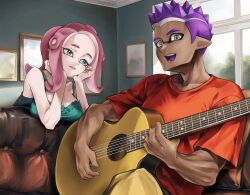 Rule 34 | 1boy, 1girl, arm support, bare arms, bare shoulders, blue eyes, breast rest, breasts, collarbone, commentary, couch, dark-skinned male, dark skin, day, domino mask, elbow rest, green eyes, guitar, hands on own cheeks, hands on own face, head rest, head tilt, hetero, highres, holding, holding instrument, indoors, inkling, inkling boy, inkling player character, instrument, janome (jajanome), large breasts, leaning forward, light smile, lips, long hair, mask, mature female, mature male, medium breasts, music, nintendo, octoling, octoling girl, octoling player character, on couch, orange shirt, pale skin, pants, parted lips, pink hair, playing instrument, pointy ears, shirt, short hair, sitting, smile, spiked hair, splatoon (series), suction cups, symbol-only commentary, t-shirt, tentacle hair, toned, toned male