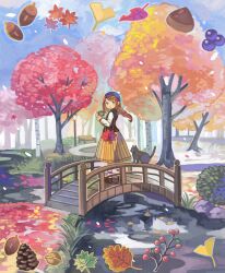 Rule 34 | 1girl, absurdres, autumn, autumn leaves, bench, blue eyes, blush, bow, bridge, brown hair, cat, day, hair bow, highres, leaf, long hair, looking at viewer, mituhati, open mouth, original, outdoors, pinecone, pleated skirt, red bow, skirt, solo, standing, tree, yellow skirt