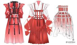 Rule 34 | belt, belt buckle, black belt, black bow, bow, buckle, buttons, chest belt, clothes only, commentary, dress, frilled dress, frills, gradient dress, hakama, hakama skirt, japanese clothes, long dress, long sleeves, multiple belts, no humans, original, puffy long sleeves, puffy sleeves, red dress, red hakama, red sleeves, red theme, simple background, skirt, strapless, strapless dress, studded belt, symbol-only commentary, too many, too many belts, tube dress, twitter username, two-tone sleeves, vertigowitch, vest, white background, white belt, white sleeves, white vest, wide sleeves