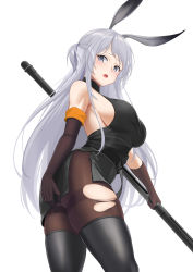 Rule 34 | 1girl, absurdres, animal ears, arknights, ass, bare shoulders, belt, black belt, black pantyhose, black shirt, blush, breasts, brown gloves, brown pantyhose, chinese commentary, commentary request, cowboy shot, elbow gloves, gloves, grey eyes, grey skirt, highres, holding, large breasts, lazgear, long hair, looking at viewer, miniskirt, open mouth, pantyhose, pencil skirt, rabbit ears, savage (arknights), shirt, side slit, sideboob, silver hair, simple background, skindentation, skirt, sleeveless, sleeveless shirt, solo, standing, thighband pantyhose, thighhighs, thighs, torn clothes, torn legwear, two side up, very long hair, white background
