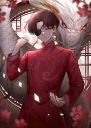 Rule 34 | 1boy, architecture, brown hair, chinese clothes, dragon, earrings, east asian architecture, eastern dragon, eyepatch, hayato suou, highres, jewelry, long sleeves, male focus, red eyes, short hair, smile, solo, wind breaker (nii satoru), yorimeow