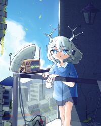 Rule 34 | 1girl, android, antennae, balcony, black shorts, blue eyes, blue shirt, blue sky, building, cable, city, closed mouth, collared shirt, day, feet out of frame, hand on railing, headgear, highres, looking at viewer, original, pungsun, radio, radio antenna, rectangular pupils, satellite dish, shirt, short sleeves, shorts, sky, solo, standing, white hair