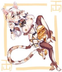 Rule 34 | 1girl, adapted costume, animal ear fluff, animal ears, ankle bow, ankle ribbon, artist name, bad id, bad pixiv id, bell, black bow, blush, bow, breastless clothes, breasts, brown eyes, brown nails, brown thighhighs, cat ears, cat girl, cat tail, coin, dark nipples, frilled thighhighs, frills, gold, goutokuji mike, highres, jingle bell, koban (gold), leg ribbon, looking at viewer, medium breasts, multicolored hair, nail polish, navel, neck bell, nipples, one-hour drawing challenge, orange bow, patch, paw pose, polka dot, polka dot legwear, ribbon, short hair, slit pupils, smile, solo, stirrup legwear, tail, text background, thighhighs, toeless legwear, toenail polish, toenails, touhou, two-tone background, unmoving pattern, wristband, yuuren kyouko