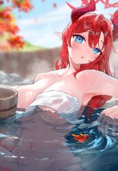 1girl blue_archive blue_eyes blue_sky blush breasts bucket collarbone commentary day halo head_tilt highres large_breasts leaf_on_liquid long_hair looking_at_viewer megu_(blue_archive) navel onsen partially_submerged red_hair red_halo red_horse sky solo stomach wet wooden_bucket yomizu_(rdad3278)