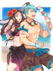 Rule 34 | 1boy, 1girl, bandaged hand, bandages, bikini, black bikini, blue eyes, blue hair, breasts, brown hair, caspar von bergliez, caspar von bergliez (summer), couple, dorothea arnault, dorothea arnault (summer), fire emblem, fire emblem: three houses, fire emblem heroes, hetero, highres, holding, holding ice cream cone, ice cream cone, ice cream scoop, kh (tanakananataka), large breasts, nail polish, nintendo, official alternate costume, open mouth, pink nails, sarong, swimsuit, teeth, upper teeth only