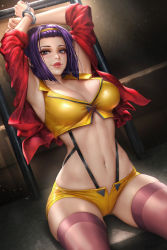 Rule 34 | 1girl, bob cut, breasts, cleavage, cowboy bebop, cuffs, faye valentine, green eyes, hair ornament, hairband, handcuffs, hands up, indoors, jacket, large breasts, lips, looking at viewer, midriff, navel, navel piercing, neoartcore, piercing, purple hair, red jacket, short hair, short shorts, shorts, sitting, smile, solo, thighhighs, yellow hairband