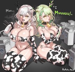 Rule 34 | 2girls, absurdres, aestheticc-meme, animal print, antlers, arm support, artist name, bare shoulders, bell, bikini, black gloves, black lips, black thighhighs, blush, bottle, braid, breasts, breath, canister, ceres fauna, cleavage, collar, cow print, cow print bikini, cowbell, doppelganger, dual persona, earrings, elbow gloves, full body, gloves, green hair, hair behind ear, halterneck, highleg, highleg bikini, highres, holding, holding bottle, hololive, hololive english, horns, huge breasts, jewelry, large breasts, lipstick, long hair, makeup, milk bottle, mole, mole under eye, multicolored hair, multiple girls, navel, non-web source, open mouth, print bikini, round teeth, seiza, sitting, skindentation, stomach, strap gap, strapless, strapless bikini, swimsuit, teeth, thighhighs, thighs, two-tone bikini, two-tone gloves, two-tone hair, two-tone thighhighs, upper teeth only, virtual youtuber, wavy hair, white gloves, white hair, white thighhighs, yellow eyes