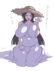 Rule 34 | 1girl, absurdres, barefoot, breasts, brown hair, closed eyes, dress, fat, hat, highres, huge breasts, karaage53ko, kneeling, long hair, plump, smile, solo, straw hat, sundress, thick thighs, thighs, waving