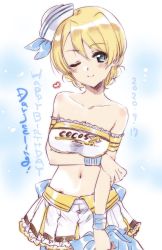 Rule 34 | 1girl, ;), armband, back bow, bare shoulders, blonde hair, blue bow, blue eyes, blue ribbon, bow, braid, breast hold, breasts, character name, closed mouth, coco&#039;s, commentary, darjeeling (girls und panzer), dated, dixie cup hat, double horizontal stripe, english text, frilled armband, frilled shirt, frilled skirt, frills, girls und panzer, happy birthday, hat, hat ribbon, heart, highres, holding, holding pom poms, kuroi mimei, logo, looking at viewer, medium hair, midriff, military hat, miniskirt, navel, official alternate costume, one eye closed, pleated skirt, pom pom (cheerleading), pom poms, ribbon, shirt, short hair, skirt, smile, solo, standing, strapless, tilted headwear, tube top, twin braids, white shirt, white skirt, wristband