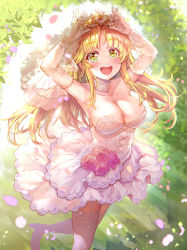 Rule 34 | 1girl, :d, arch, armpits, arms up, bang dream!, bare shoulders, blonde hair, blush, breasts, bridal veil, choker, cleavage, collarbone, commentary request, cowboy shot, dress, elbow gloves, falling petals, floral arch, flower, frilled dress, frills, garter straps, gloves, high heels, highres, holding, kamita, large breasts, light rays, long hair, looking at viewer, open mouth, petals, pink flower, pink rose, plant, rose, shadow, sidelocks, smile, solo, standing, standing on one leg, strapless, strapless dress, sunbeam, sunlight, teeth, thighhighs, tiara, tsurumaki kokoro, upper teeth only, veil, wedding dress, white choker, white dress, white gloves, white hair, yellow eyes, zettai ryouiki