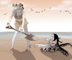 Rule 34 | 1boy, 1girl, ashiya douman (fate), beach, bird, black hair, burying alive, closed eyes, cloud, cloudy sky, commentary request, day, faceless, fate (series), grey hair, highres, holding, holding shovel, kama (fate), kama (first ascension) (fate), kama (swimsuit avenger) (first ascension) (fate), long hair, mizuno (bbzzzzzzbb), multicolored hair, official alternate costume, open mouth, orange sky, outdoors, sand, shadow, short hair, shovel, sky, smile, sunset, swimsuit