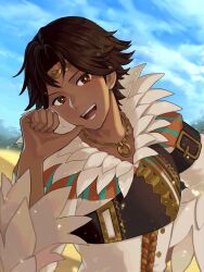 Rule 34 | 1boy, :d, blue sky, brown hair, dark-skinned male, dark skin, fire emblem, fire emblem engage, fogado (fire emblem), jewelry, kiyuu, long sleeves, looking at viewer, male focus, necklace, nintendo, open mouth, short hair, sky, smile, solo, star-shaped pupils, star (symbol), symbol-shaped pupils, teeth, upper body