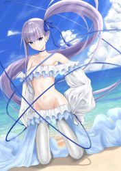Rule 34 | 1girl, bare shoulders, beach, bikini, blue eyes, blue ribbon, blue sky, breasts, choker, closed mouth, collarbone, commentary, day, earrings, fate/grand order, fate (series), frilled bikini, frills, hair ribbon, highres, jewelry, kneeling, long hair, long sleeves, looking at viewer, meltryllis, meltryllis (fate), meltryllis (swimsuit lancer) (fate), meltryllis (swimsuit lancer) (third ascension) (fate), ocean, off-shoulder bikini, off shoulder, pantyhose, puffy sleeves, purple hair, ribbon, rinto (ronto66), side ponytail, sky, sleeves past fingers, sleeves past wrists, small breasts, solo, swimsuit, thighs, very long hair, white bikini, white pantyhose