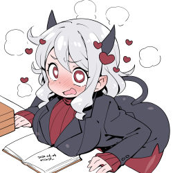Rule 34 | 1girl, black horns, black skirt, black suit, blush, book, breast rest, breasts, commentary request, dated, demon girl, demon horns, demon tail, formal, heart, heart-shaped pupils, helltaker, horns, kanya pyi, large breasts, long hair, long sleeves, looking at viewer, modeus (helltaker), open mouth, pantyhose, pencil skirt, red eyes, red pantyhose, red sweater, ribbed sweater, silver hair, simple background, skirt, sleeves past wrists, solo, suit, sweater, symbol-shaped pupils, tail, turtleneck, white background