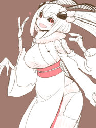 Rule 34 | 1girl, :d, arthropod girl, bad id, bad tumblr id, blush, borrowed character, breasts, extra arms, eyebrows, female focus, heart, insect girl, japanese clothes, kimono, looking at viewer, mashiro (solopipb), monochrome, monster girl, moth antennae, moth girl, no nose, open mouth, original, short hair, simple background, smile, solo, sumiyao (amam), waving