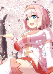 Rule 34 | 1girl, :d, absurdres, blouse, blue eyes, blush, boots, breasts, cherry blossoms, commentary request, falling petals, film grain, frilled skirt, frills, from below, gold hairband, hair between eyes, hairband, hanami, hand rest, hand up, highres, large breasts, looking up, open mouth, partial commentary, petals, pink hair, pleated skirt, princess connect!, puffy sleeves, red skirt, shirt, short hair, sitting, skirt, smile, solo, thigh boots, white footwear, white shirt, yui (princess connect!), yuu yuu yuu yuu (yuufuoo)