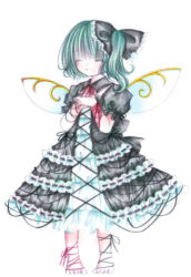 Rule 34 | 1girl, :d, bad id, bad pixiv id, barefoot, bow, closed eyes, daiyousei, dress, embodiment of scarlet devil, fairy wings, female focus, full body, gothic lolita, green hair, grin, hair bow, kasuga sunao, lolita fashion, open mouth, own hands together, pale skin, side ponytail, simple background, smile, solo, standing, touhou, white background, wings