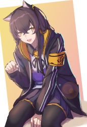 Rule 34 | 1girl, 3 small spiders, absurdres, animal ears, black jacket, black pantyhose, black ribbon, black skirt, blush, brown eyes, brown hair, cat day, cat ears, feet out of frame, girls&#039; frontline, highres, jacket, long hair, looking at viewer, neck ribbon, open clothes, open jacket, open mouth, pantyhose, paw pose, ribbon, scar, scar across eye, scar on face, shirt, simple background, sitting, skirt, smile, solo, ump45 (girls&#039; frontline), white shirt