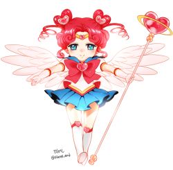 Rule 34 | 1990s (style), 1girl, bishoujo senshi sailor moon, bishoujo senshi sailor moon sailor stars, blue eyes, blue sailor collar, blue skirt, boots, bow, brooch, chibi chibi, double bun, drill hair, earrings, elbow gloves, full body, gloves, hair bun, hair ornament, hairpin, heart, heart brooch, heart hair bun, jewelry, knee boots, magical girl, outstretched arms, pleated skirt, red hair, retro artstyle, ribbon, sailor chibi chibi, sailor collar, short hair, short twintails, signature, skirt, smile, solo, spread arms, staff, tianel ent, tiara, transparent background, twin drills, twintails, white background, white gloves, white wings, wings