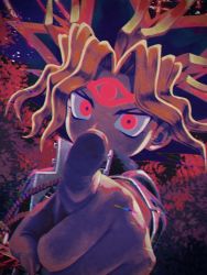 Rule 34 | 1boy, blonde hair, brown hair, chiinosuke, commentary request, eye focus, highres, jacket, long sleeves, millennium puzzle, multicolored background, open clothes, open jacket, parted bangs, pointing, pointing at viewer, portrait, red background, red eyes, solo, yami yugi