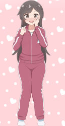Rule 34 | 1girl, absurdres, blush, brown hair, drooling, full body, heart, heart background, highres, jacket, long hair, long sleeves, looking at viewer, matsumoto kouko, no shoes, open mouth, pants, pink background, poa mellhen, red jacket, red pants, smile, socks, solo, standing, swept bangs, track jacket, track pants, track suit, very long hair, watashi ni tenshi ga maiorita!, white socks