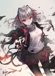 Rule 34 | 1girl, absurdres, ahoge, arknights, artist name, black gloves, black jacket, black pantyhose, black skirt, breasts, commentary, cowboy shot, dated, fingerless gloves, gloves, gradient background, grey background, grey hair, grey scarf, highres, holding, jacket, long sleeves, looking at viewer, mecha (alswp), medium breasts, miniskirt, open clothes, open jacket, pantyhose, pleated skirt, red eyes, scarf, shirt, short hair, signature, skirt, solo, w (arknights), white shirt
