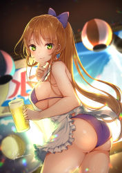 Rule 34 | 1girl, alcohol, apron, ass, beer, beer mug, bikini, blurry, blurry background, blush, bow, breasts, brown hair, commission, cowboy shot, cup, day, from side, girls&#039; frontline, green eyes, hair between eyes, hair bow, hair ribbon, hair rings, highres, holding, holding cup, indoors, kodama (koda mat), large breasts, long hair, looking at viewer, mug, ponytail, purple bikini, purple bow, ribbon, sideboob, sidelocks, skeb commission, skindentation, smile, solo, springfield (girls&#039; frontline), sunlight, sweat, swimsuit, thighs, twisted torso