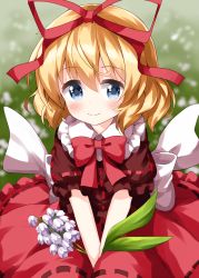 Rule 34 | 1girl, blonde hair, blue eyes, blush, brown shirt, closed mouth, flower, hair between eyes, hair ribbon, highres, lily of the valley, looking at viewer, medicine melancholy, puffy short sleeves, puffy sleeves, red ribbon, red skirt, ribbon, ruu (tksymkw), shirt, short hair, short sleeves, skirt, smile, solo, touhou, white flower
