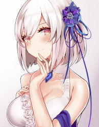 Rule 34 | 1girl, absurdres, alternate costume, azur lane, blue flower, blue gemstone, blue ribbon, blush, breasts, choker, cleavage, cleavage cutout, closed mouth, clothing cutout, collarbone, dress, flower, gem, gradient background, hair between eyes, hair flower, hair ornament, hand on own chest, head tilt, highres, large breasts, looking at viewer, red eyes, ribbon, septoleaf, short hair, simple background, sirius (azur lane), sirius (white rose) (azur lane), smile, solo, upper body, white dress
