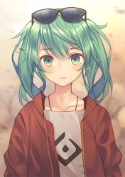Rule 34 | 1girl, bad id, bad pixiv id, brown background, earrings, eyewear on head, gradient background, green eyes, green hair, hatsune miku, jacket, jewelry, kawami nami, long sleeves, looking at viewer, necklace, red jacket, shirt, short hair, solo, sunglasses, vocaloid, white shirt