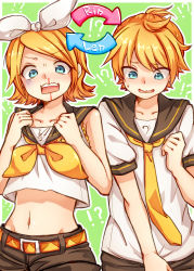 Rule 34 | !?, 1boy, 1girl, bass clef, belt, blonde hair, blood, blue eyes, body switch, bow, brother and sister, hair ribbon, highres, kagamine len, kagamine rin, midriff, necktie, nosebleed, personality switch, ribbon, sailor collar, short hair, short ponytail, short sleeves, shorts, siblings, simple background, sleeveless, treble clef, twins, vocaloid, white ribbon, yellow bow