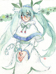 1girl aqua_hair blue_eyes blue_hairband bun_cover capelet closed_mouth commentary cropped_legs double_bun dress eyelashes flower frilled_hairband frills fur-trimmed_capelet fur_trim green_ribbon hair_between_eyes hair_bun hair_ornament hairband hatsune_miku holding holding_flower leaf_hair_ornament lily_of_the_valley long_hair long_sleeves looking_at_viewer neck_ribbon own_hands_together ribbon short_dress shuangnanhuo smile snowflake_print solo traditional_media twintails very_long_hair vocaloid white_background white_capelet white_dress white_flower wide_sleeves yuki_miku yuki_miku_(2015)