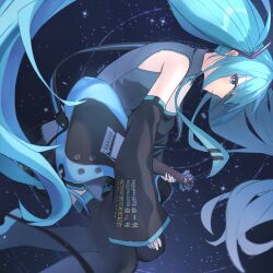 Rule 34 | 1girl, aqua eyes, aqua hair, aqua necktie, black footwear, black skirt, black sleeves, boots, collared shirt, commentary, detached sleeves, electric guitar, grey shirt, guitar, hair between eyes, hatsune miku, highres, holding, holding guitar, holding instrument, ikko15, instrument, long hair, long sleeves, necktie, parted lips, pleated skirt, shirt, sidelocks, skirt, sleeveless, sleeveless shirt, sleeves past wrists, solo, thigh boots, tie clip, twintails, twitter username, very long hair, vocaloid