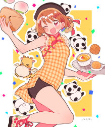 Rule 34 | 1girl, black headwear, black shorts, blush, brown hair, chinese clothes, delicious party precure, earrings, food, hair rings, hanamichi ran, jewelry, kiocotton, nail polish, one eye closed, open mouth, pam-pam (precure), precure, red eyes, shorts, smile, solo, yellow nails