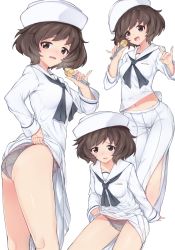Rule 34 | 10s, 1girl, akiyama yukari, ass, bad id, bad pixiv id, bare legs, blouse, blue neckerchief, blush, brown eyes, brown hair, clothes lift, female focus, fox shadow puppet, from side, girls und panzer, hat, highres, holding, holding microphone, invisible chair, lifted by self, long sleeves, looking at viewer, looking back, messy hair, microphone, multiple views, navel, neckerchief, open mouth, panties, shirt, simple background, sitting, standing, underwear, white background, white hat, white panties, white shirt, white sleeves, yoi naosuke