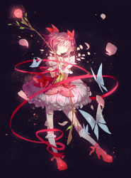Rule 34 | 10s, 1girl, bow (weapon), bubble skirt, bug, butterfly, choker, gloves, highres, insect, kaname madoka, kneehighs, magical girl, mahou shoujo madoka magica, mahou shoujo madoka magica (anime), petals, pink eyes, pink hair, red ribbon, ribbon, short twintails, skirt, smile, socks, solo, twintails, weapon, wei li, white gloves, white socks