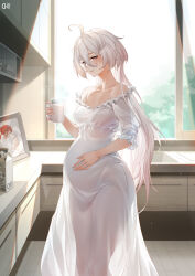 Rule 34 | 2girls, absurdres, cup, d. joko, grey hair, gundam, gundam suisei no majo, hand on own stomach, highres, holding, holding cup, indoors, ips cells, jewelry, kitchen, long hair, milk carton, miorine rembran, multiple girls, nightgown, pajamas, pregnant, ring, see-through, smile, suletta mercury, very long hair, wedding ring, white hair, white nightgown, yellow eyes, yuri