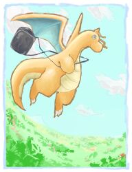 Rule 34 | animal focus, bag, blue border, blue eyes, blue sky, boku (pixiv 32390460), border, claws, closed mouth, cloud, creatures (company), day, dragon, dragonite, fisheye, floating, game freak, gen 1 pokemon, grass, happy, nintendo, no humans, outdoors, pokemon, pokemon: the first movie - mewtwo strikes back, pokemon (anime), pokemon (classic anime), pokemon (creature), profile, shoulder bag, sky, smile, solo, white border