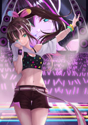 Rule 34 | 1girl, absurdres, arm up, belt, black shorts, black tank top, bra, bracelet, breasts, brown hair, cleavage, clothes pull, collarbone, concert, floating hair, green eyes, hair between eyes, head tilt, high ponytail, highres, holding, holding microphone, jewelry, kizuna ai, kizuna ai inc., long hair, looking at viewer, medium breasts, microphone, midriff, multicolored hair, navel, nekobell, off-shoulder shirt, off shoulder, outstretched arm, pulled by self, shirt, shirt pull, short shorts, shorts, smile, solo focus, stage, stomach, streaked hair, sweat, tank top, thigh gap, underwear, very long hair, virtual youtuber, white shirt, wiping sweat