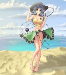 Rule 34 | 1girl, abs, adapted costume, alternate costume, alternate hair length, alternate hairstyle, armpits, bare shoulders, barefoot, beach, blue sky, bow, breasts, cleavage, cloud, covered erect nipples, crop top, day, eyeball, food, frills, full body, green eyes, grin, hat, hater (hatater), highres, komeiji koishi, large breasts, long hair, long legs, looking at viewer, midriff, nail polish, navel, non-web source, ocean, aged up, outdoors, panties, pantyshot, pigeon-toed, popsicle, sand, silver hair, skirt, sky, sleeveless, smile, solo, standing, string, third eye, toenail polish, toenails, toned, touhou, underwear, upskirt, water, wavy hair, white panties
