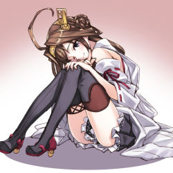 Rule 34 | 10s, 1girl, ;), ahoge, black eyes, black footwear, blush, boots, brown hair, detached sleeves, double bun, frilled skirt, frills, full body, hairband, hand on own knee, highres, japanese clothes, kantai collection, kongou (kancolle), light smile, long hair, looking at viewer, matsuryuu, one eye closed, ribbon-trimmed sleeves, ribbon trim, sitting, skirt, smile, solo, thigh boots, thighhighs, wide sleeves