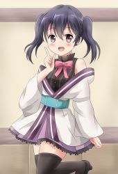 Rule 34 | 1girl, :d, bare shoulders, black footwear, black hair, black sweater, black thighhighs, blush, bow, brown eyes, commentary request, hair between eyes, hand up, high heels, highres, index finger raised, japanese clothes, kimono, koyuki (azumaya999), long hair, looking at viewer, off shoulder, open mouth, pink bow, pink skirt, pleated skirt, shoes, short kimono, skirt, smile, solo, standing, standing on one leg, striped, sweater, thighhighs, urara meirochou, vertical stripes, white kimono, yukimi koume, zettai ryouiki